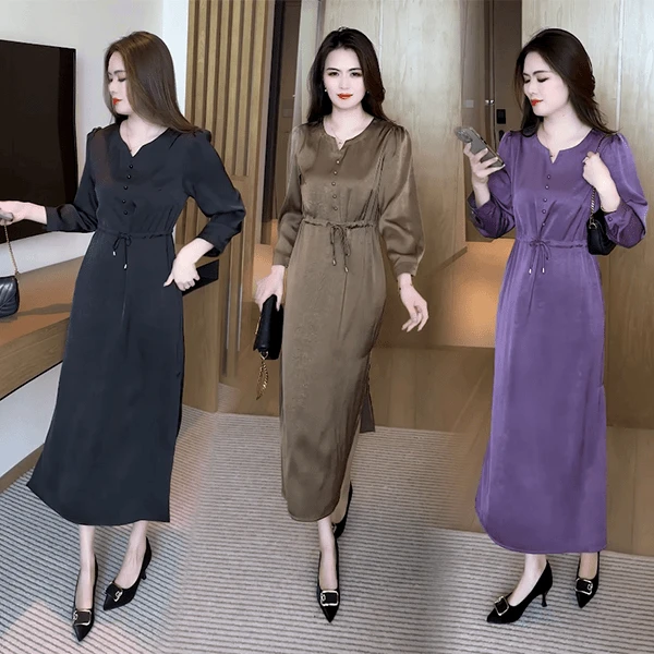 秋季新款女装气质显瘦时尚洋气减龄抽绳百搭连衣裙