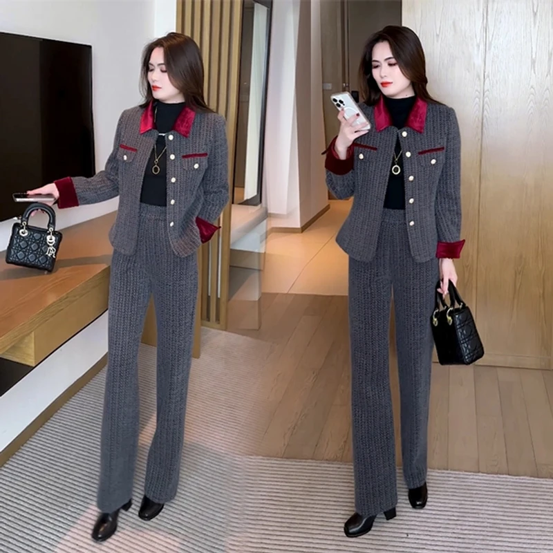 秋冬新款加厚夹棉气质显瘦时尚气质减龄小香风套装