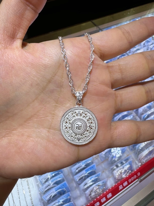 吊坠足银 通体足银八宝罗盘吊坠