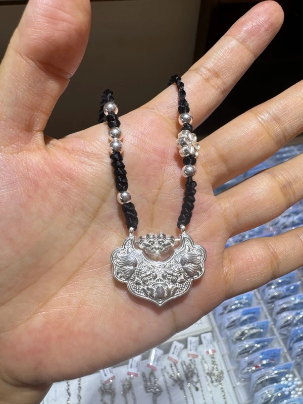 坠链均足银 通体足银锦鲤锁包 双鱼戏莲复古