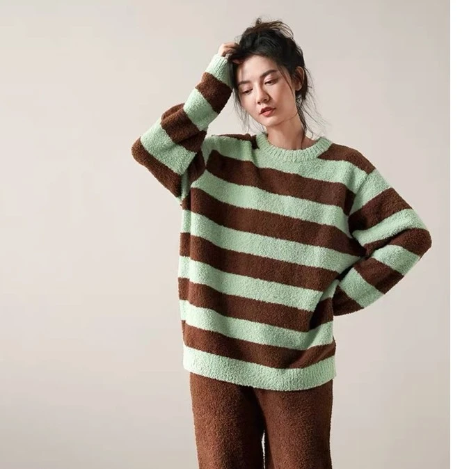 新款软绵绵女款咖啡条纹套装睡衣家居服休闲百搭保暖长裤长袖