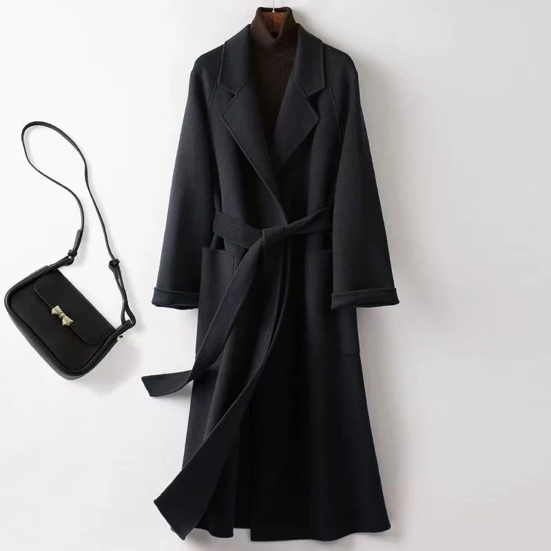 2024款秋冬长款修身双面绵羊毛大衣女高级感黑色系带毛呢外套