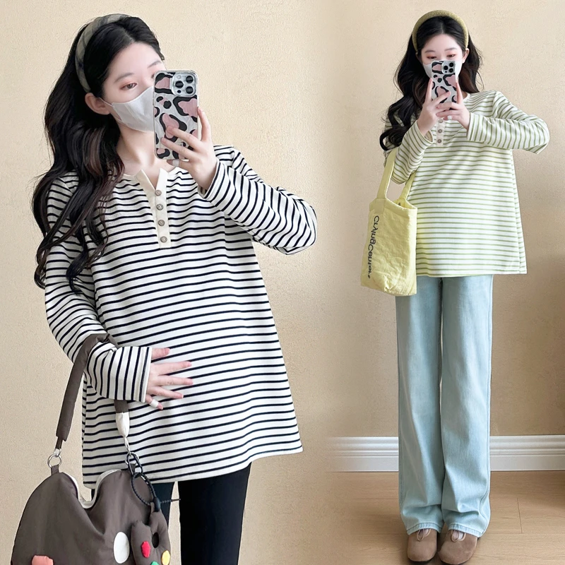孕妇装秋装上衣2024孕妇秋季新款长袖时尚中长V领条纹休闲宽松T恤