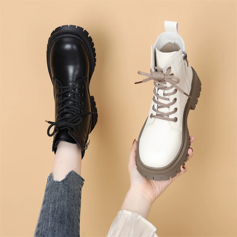 真皮厚底马丁靴女2023秋冬新款英伦风显瘦白色单靴炸街短靴小码34