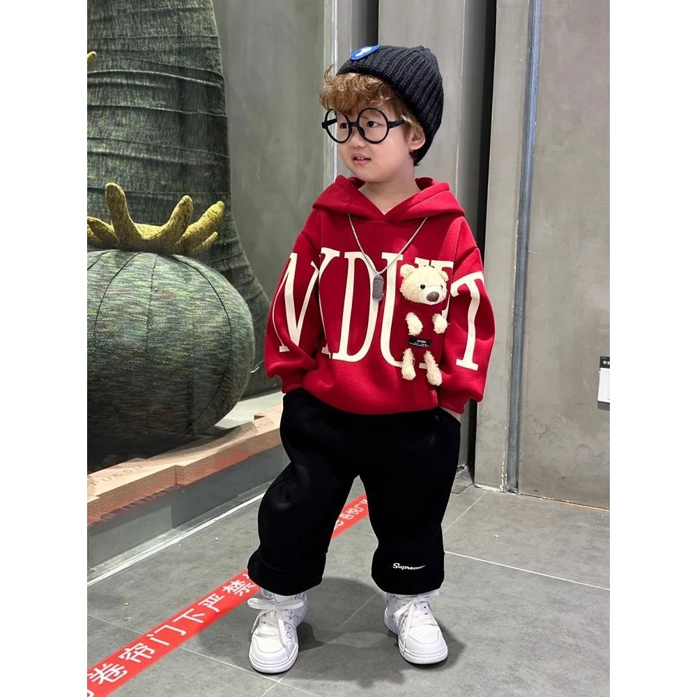 童装男童加绒套装2023新款洋气小熊连帽儿童宝宝秋冬装炸街加厚潮