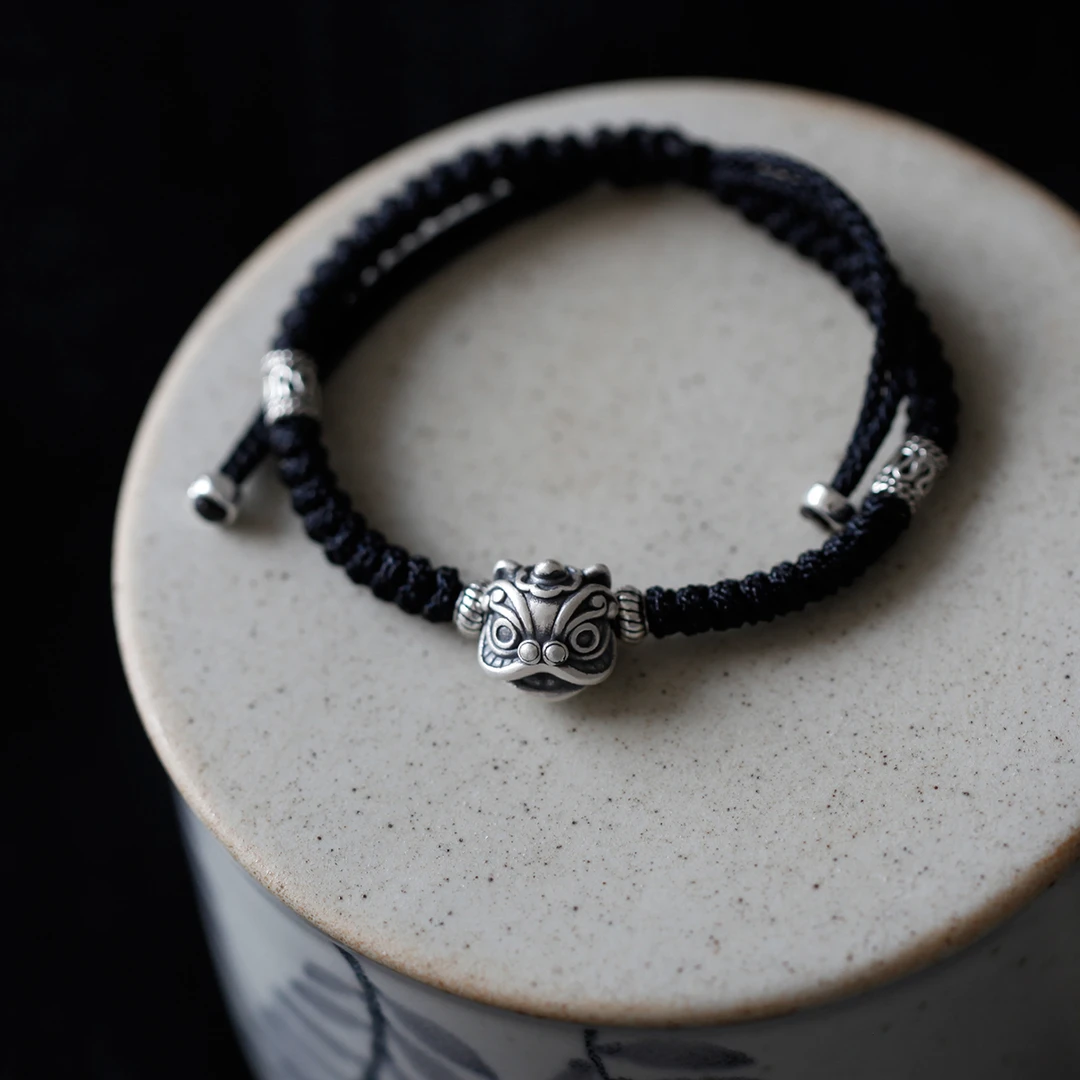 足银手链 又萌又酷醒狮手链国潮复古纯银男女手绳编织配饰可调节