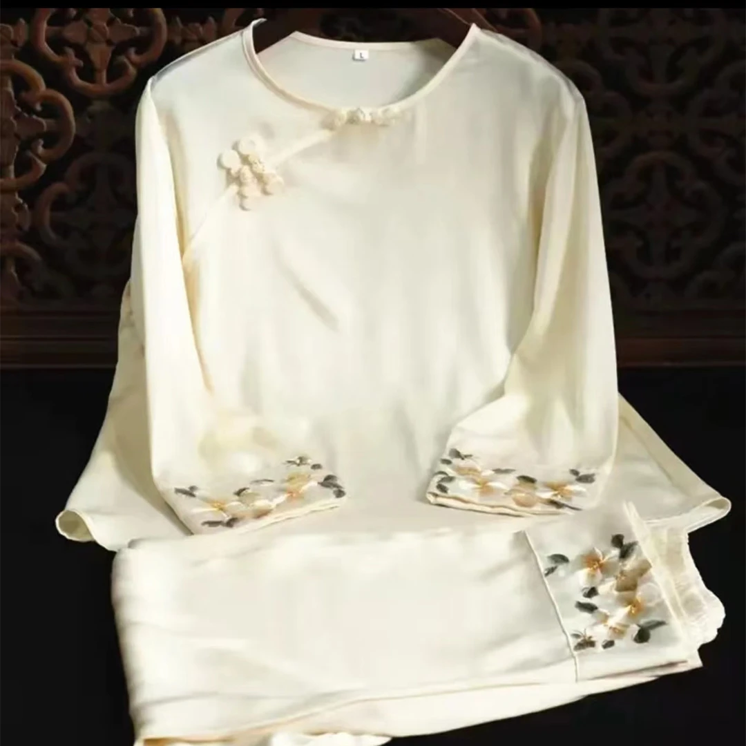 多色特惠高端丝滑坠感精品苏绣国服套头女睡衣春夏宽松中国风民国