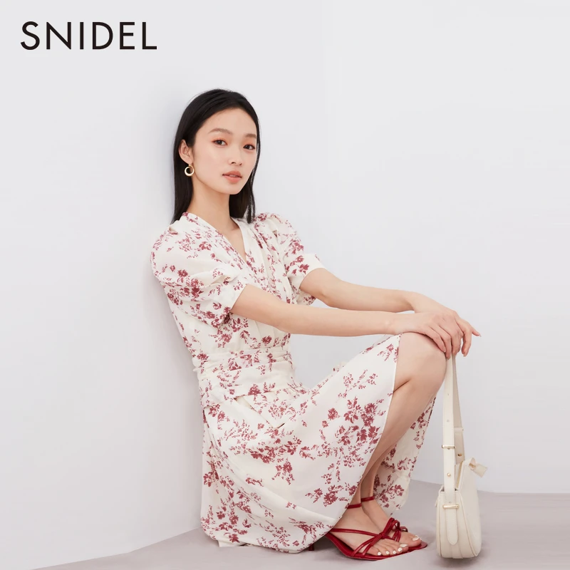 SNIDEL2024新品甜美少女泡泡袖V领收腰印花茶歇裙SWFO242304