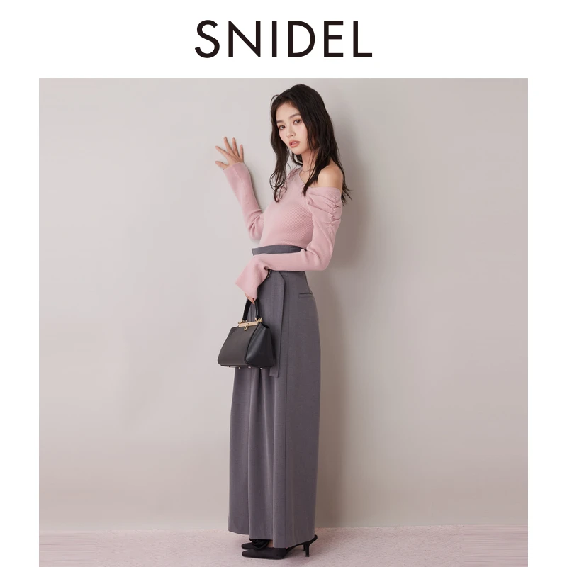 SNIDEL2024秋冬新品喇叭袖斜肩泡泡袖修身针织衫上衣SWNT245036
