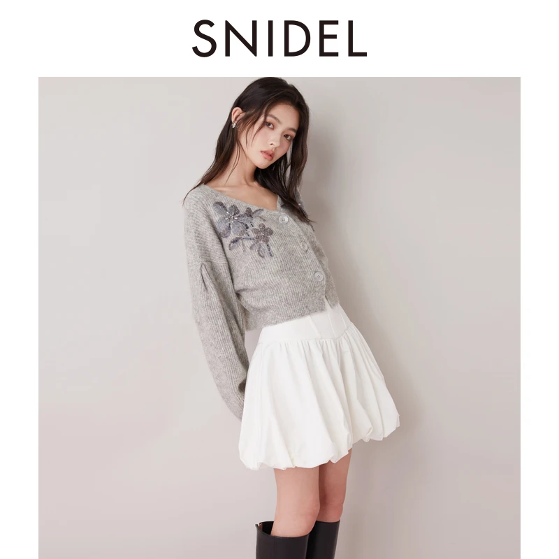 SNIDEL2024秋冬新品V领钉珠刺绣灯笼袖羊毛针织开衫SWNT245305
