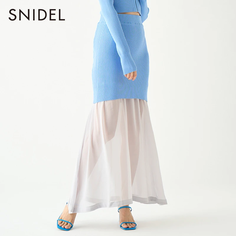 SNIDEL款品质女装时髦简约罗纹针织拼接透视半身裙SWNS231184