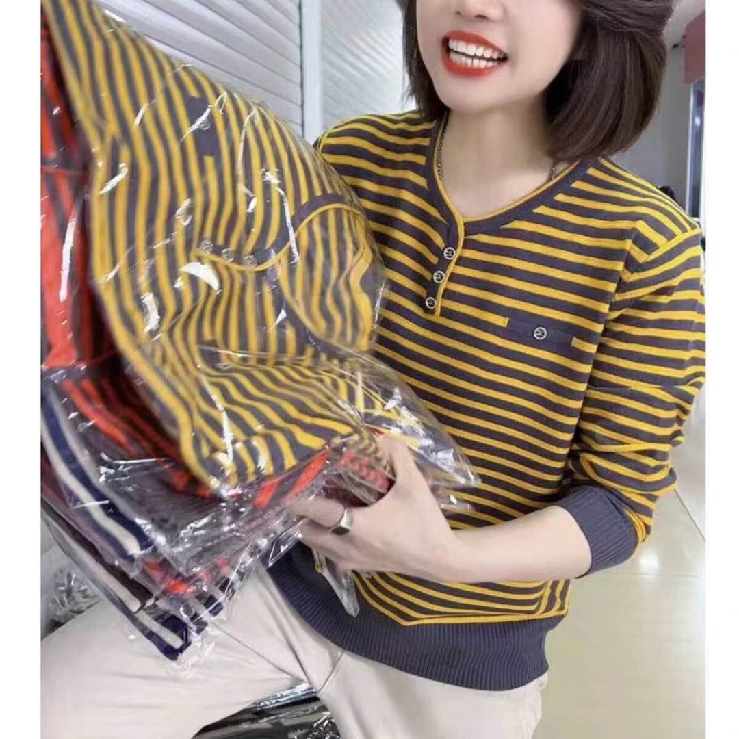 妈妈装秋装2024新款爆款针织长袖洋气外穿条纹气质上衣T恤打底衫