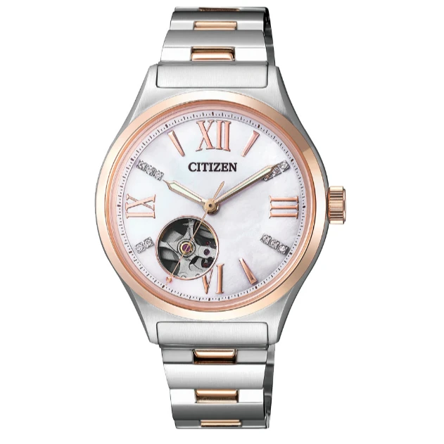 PC1009-51D机械钢带镂空贝母盘金色情侣女士腕表机械表原装时尚