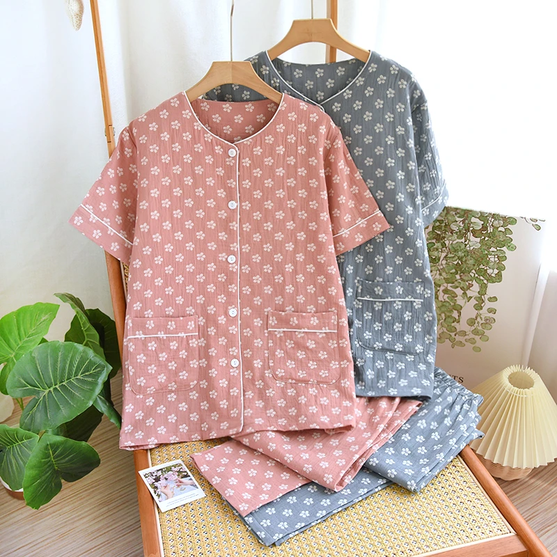 夏季睡衣女套装薄款全棉宽松夏天休闲短款双层棉纱中年家居服套装