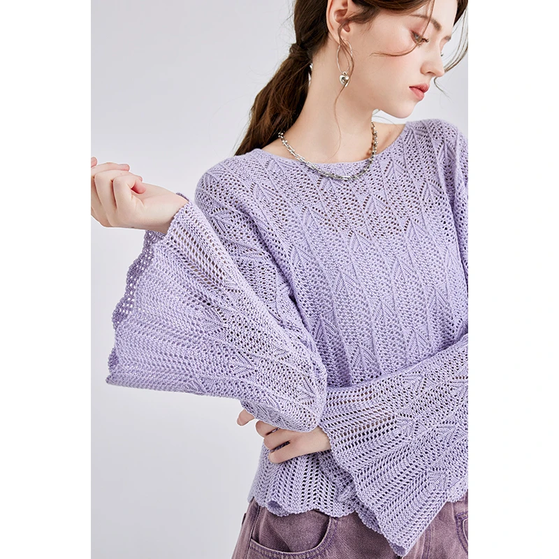 秋水伊人圆领针织衫2024春季新款女镂空喇叭袖短款小个子别致毛衣