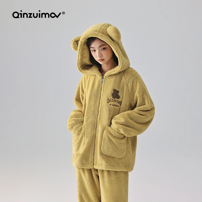 亲嘴猫【软软绒】卡通小熊睡衣女秋冬季加厚保暖套装家居服可外穿