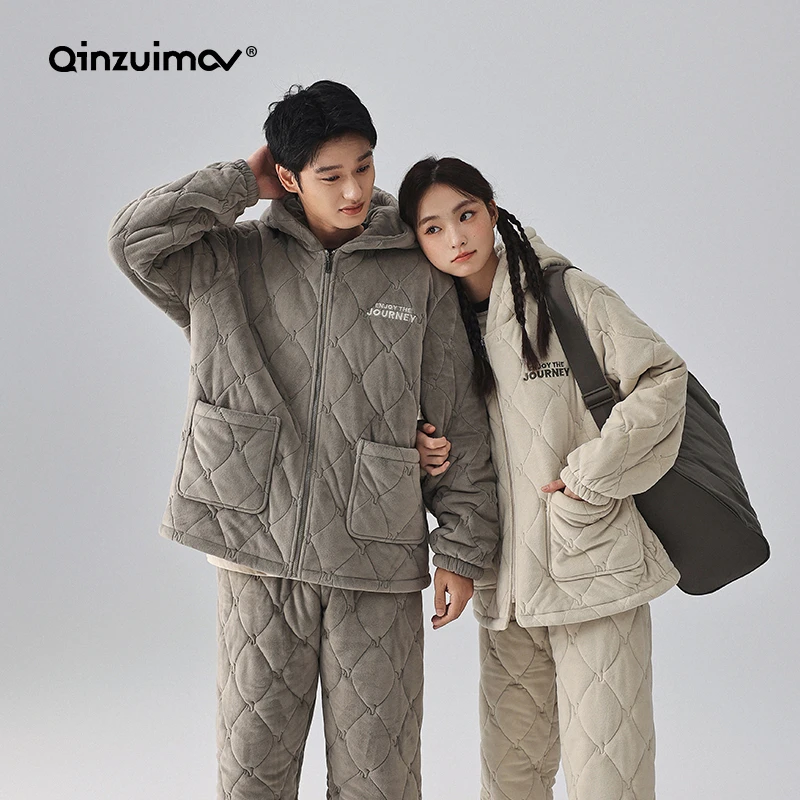 亲嘴猫海岛绒夹棉情侣睡衣女冬季三层加厚男士套装家居服连帽外穿