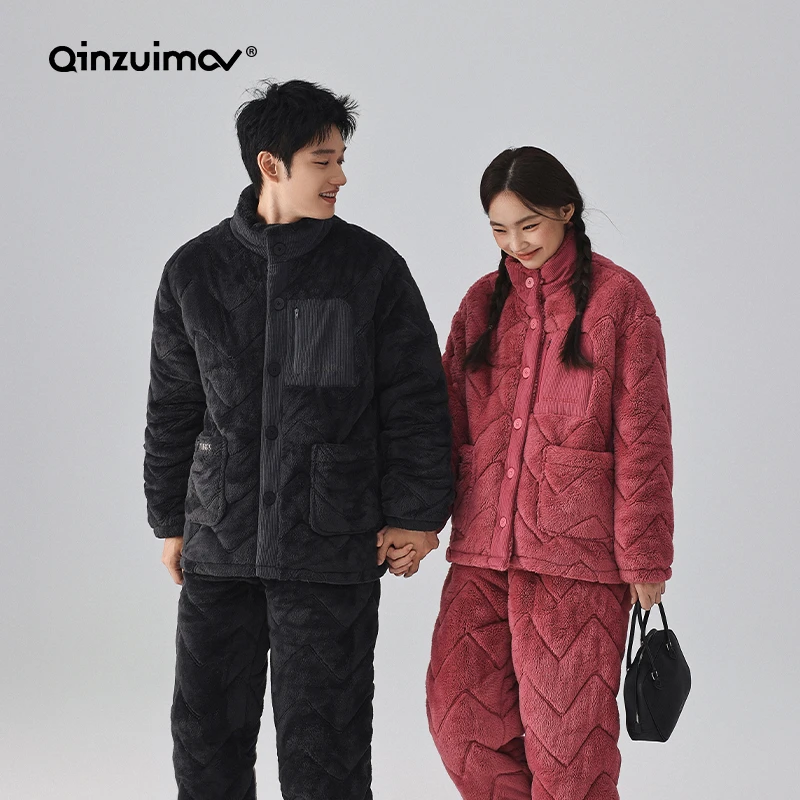 亲嘴猫加厚情侣夹棉睡衣女冬季暖暖绒套装三层加厚男士家居服外穿