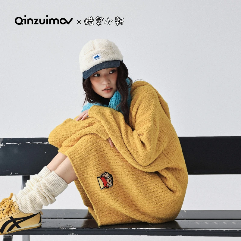 亲嘴猫【蜡笔小新联名】连帽半边绒睡衣女秋冬卫衣睡裙家居服套装