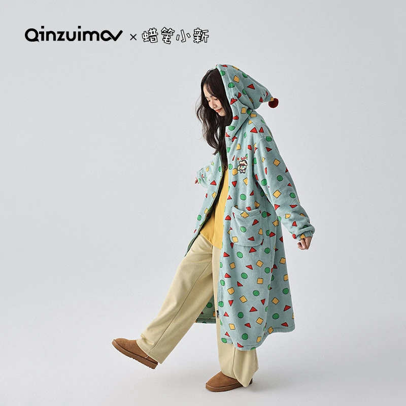 双十一好物亲嘴猫【蜡笔小新】法兰绒睡袍女秋冬季睡衣家居服可外穿