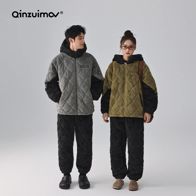 亲嘴猫连帽暖暖绒情侣夹棉睡衣女冬季男士三层加厚套装家居服外穿