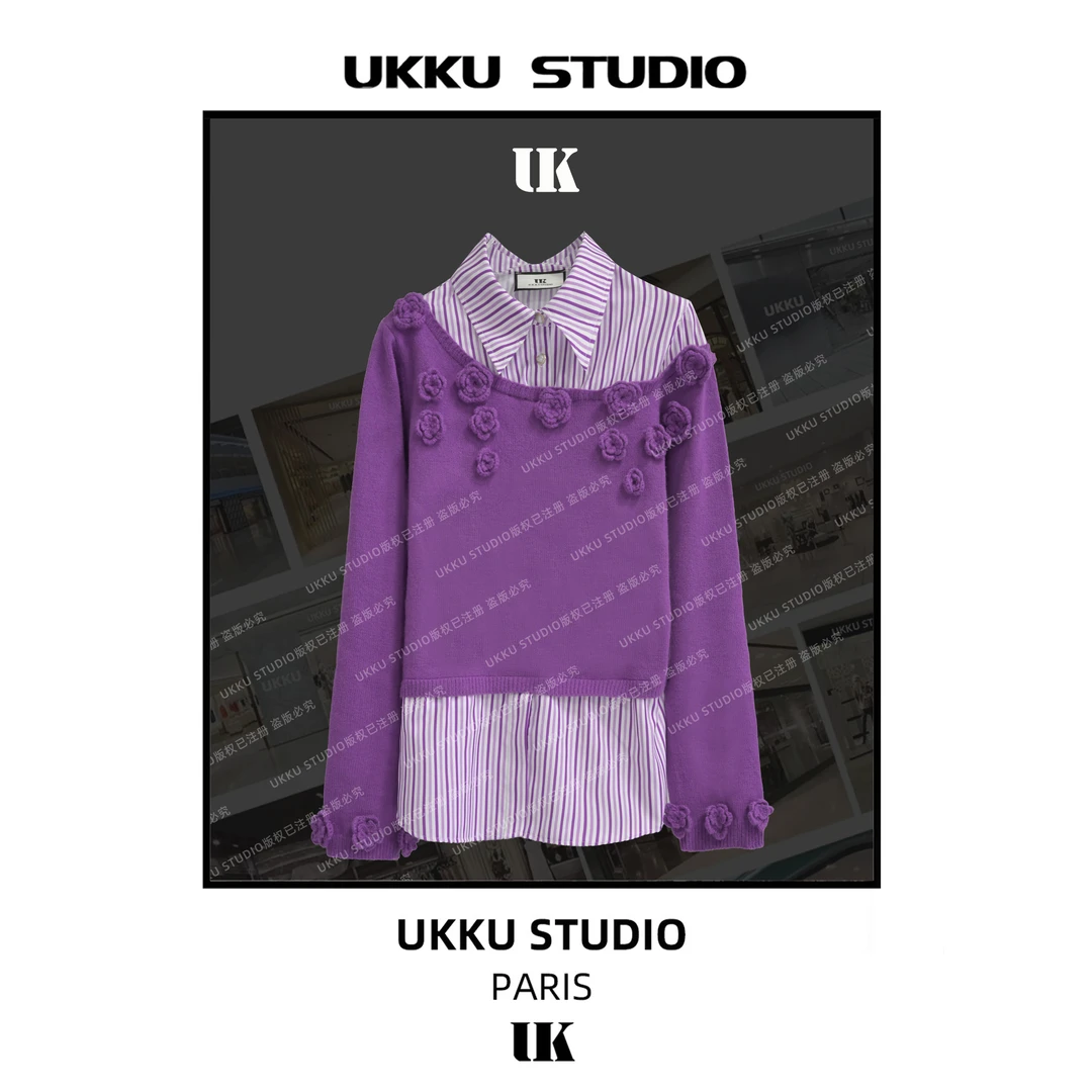 尧尧【UKKUSKUDIO】早秋气质修身时尚显白百搭拼接假两件衬衫312769