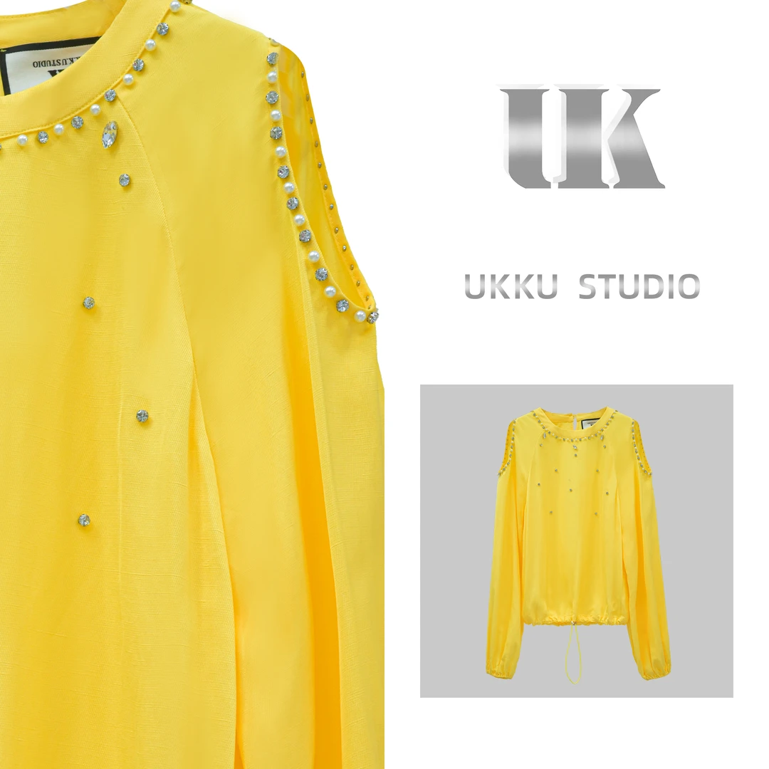 【UKKU STUDIO】小众设计感长袖露肩优雅减龄抽绳显瘦T恤312493