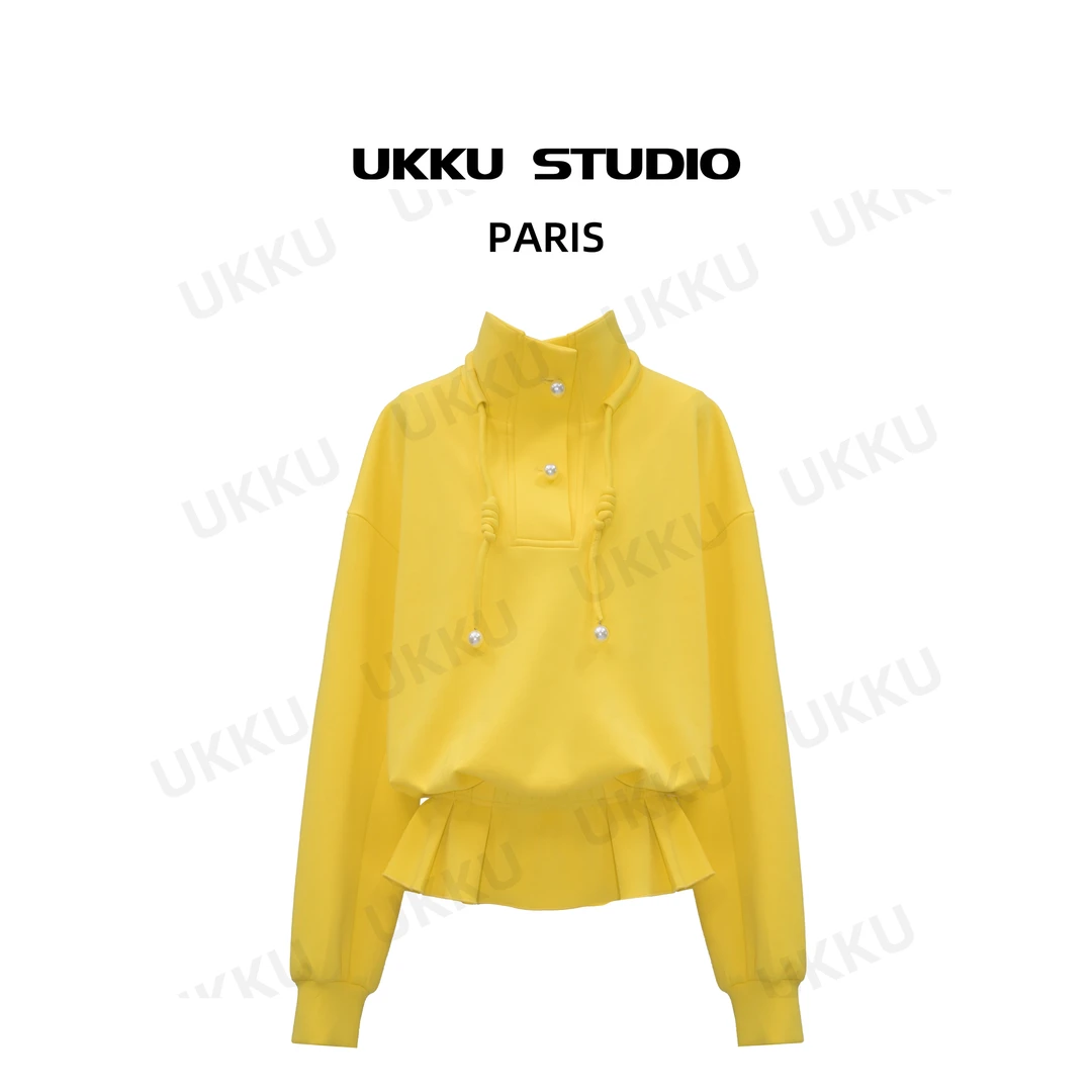 【UKKUSTUDIO】早秋新款设计感不规则连帽拼接抽绳卫衣312550