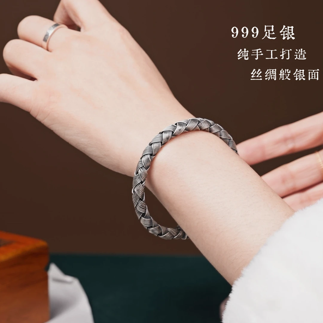 足银手镯 纯手工编织手饰 复古百搭小众设计款男女款镯子个性情侣