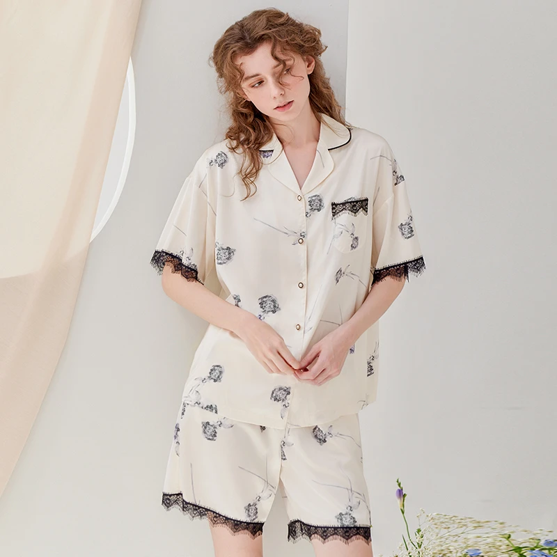 芬腾睡衣女冰丝短袖夏季薄款套装女款蕾丝边感开衫大码家居服