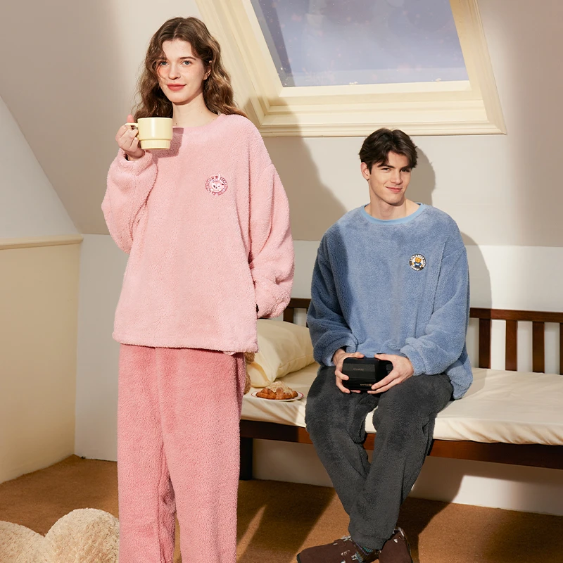 芬腾秋冬季情侣睡衣女套头珊瑚绒加厚加绒保暖男法兰绒家居服套