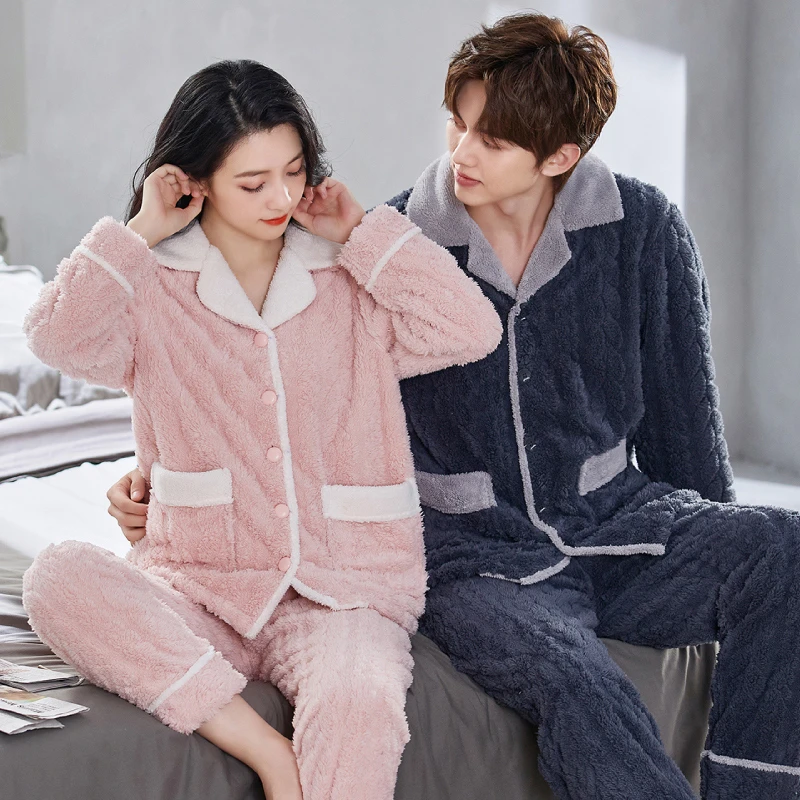 芬腾冬季情侣款珊瑚绒睡衣长袖开衫保暖加绒加厚法兰绒家居服套装