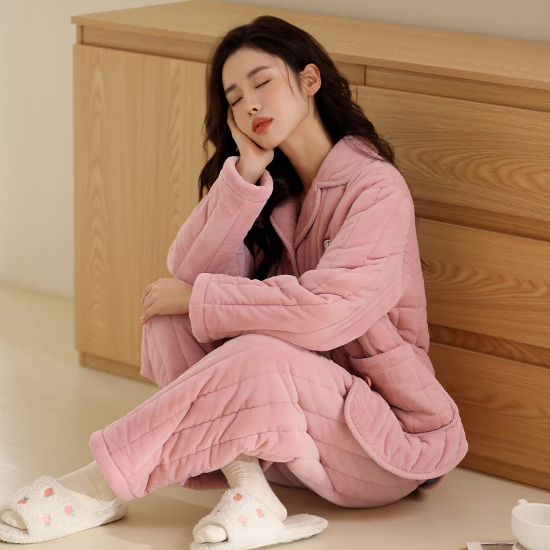 芬腾情侣睡衣男冬季珊瑚绒夹棉男款三层加厚加绒保暖家居服套装女