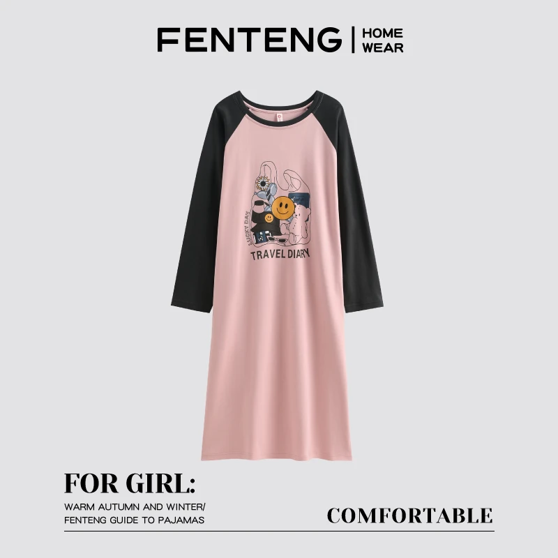 芬腾睡裙女春秋款长袖甜美可爱卡通中长款夏天连衣裙子大码家居服