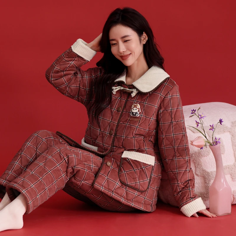 芬腾冬季睡衣女款冬天三层加厚加绒珊瑚绒夹棉中年保暖家居服套装