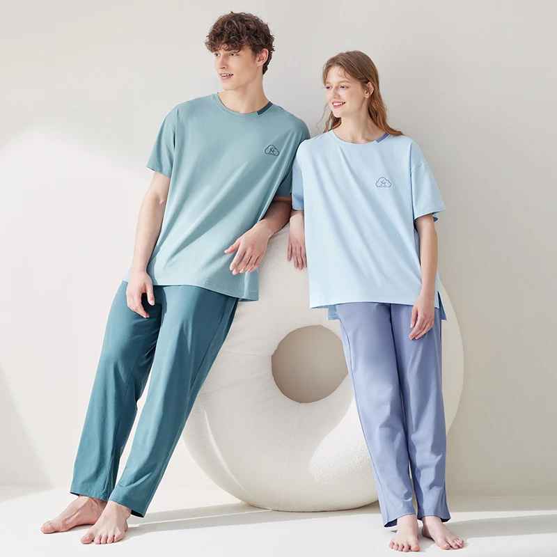 芬腾情侣睡衣夏季薄款短袖女套装青年男士宽松休闲全棉家居服