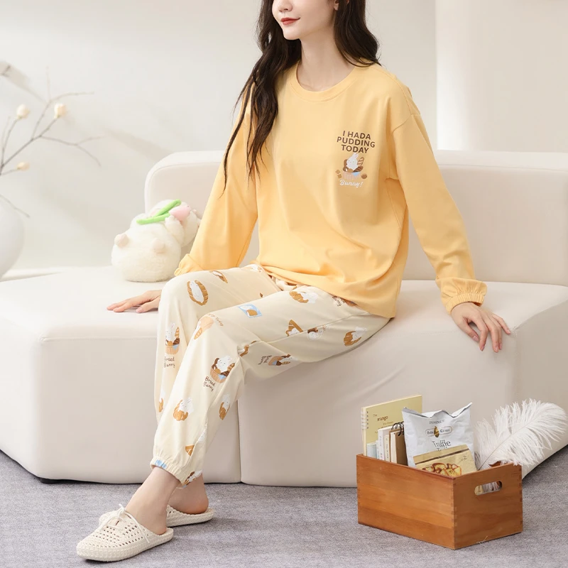 芬腾睡衣女春秋季长袖长裤套装新款宽松休闲加大码全棉家居服