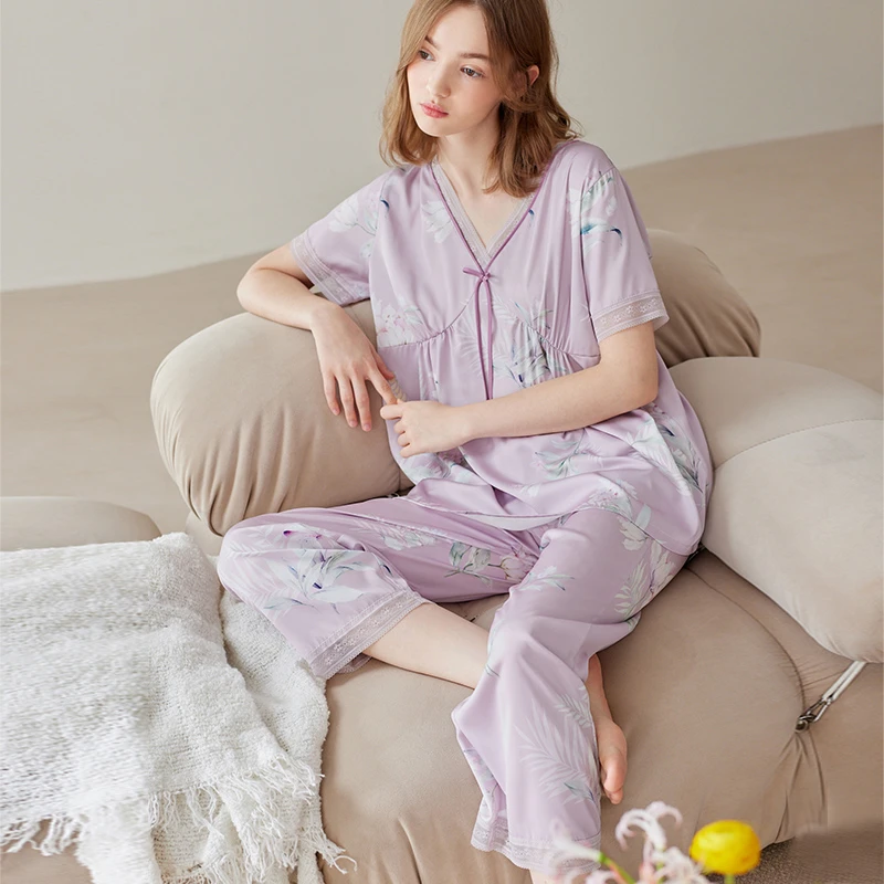 芬腾凉感套头冰丝睡衣女短袖夏季薄款套装少女宽松休闲大码家居服