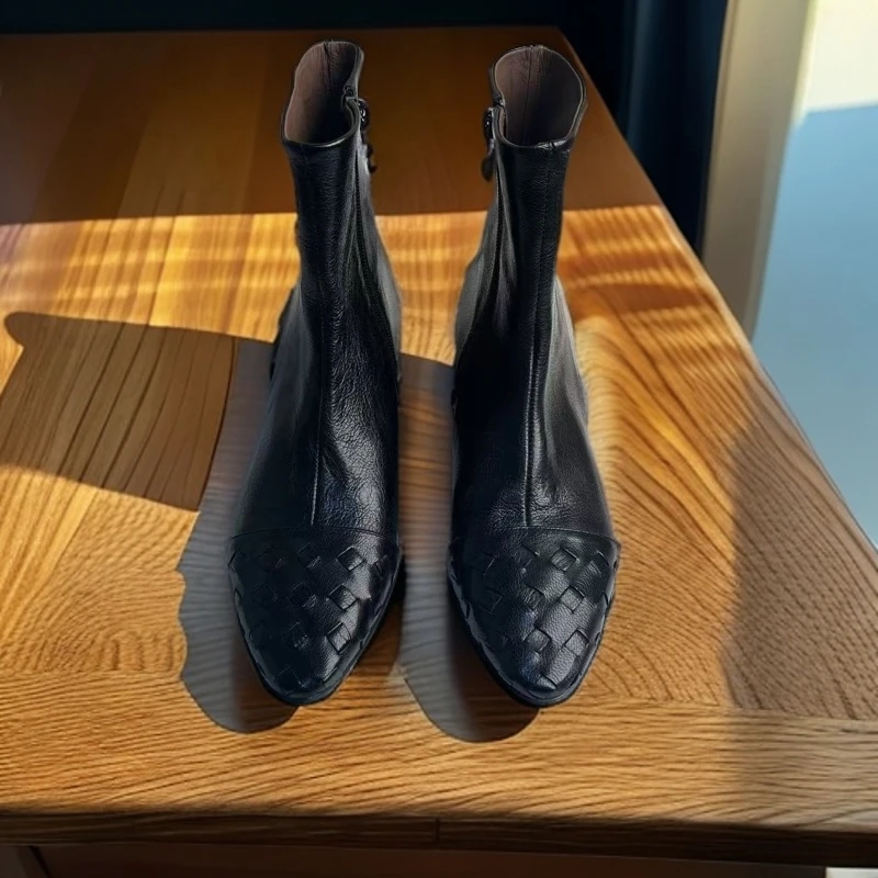 2024秋冬法式真皮粗跟舒适侧拉链编织瘦瘦靴女裸靴