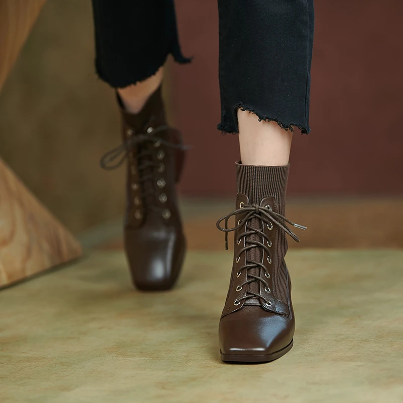 头层羊皮/34-40/5CM手工方头粗跟款式飞织马丁女靴