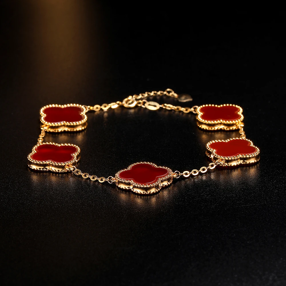 18K金红玛瑙10/13/15mm四叶【重金版】手链轻奢百搭