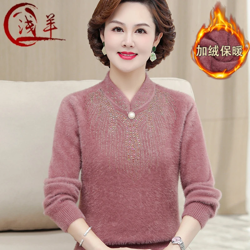 中老年人女秋冬季水貂绒毛衣加厚保暖上衣妈妈冬装大码针织打底衫
