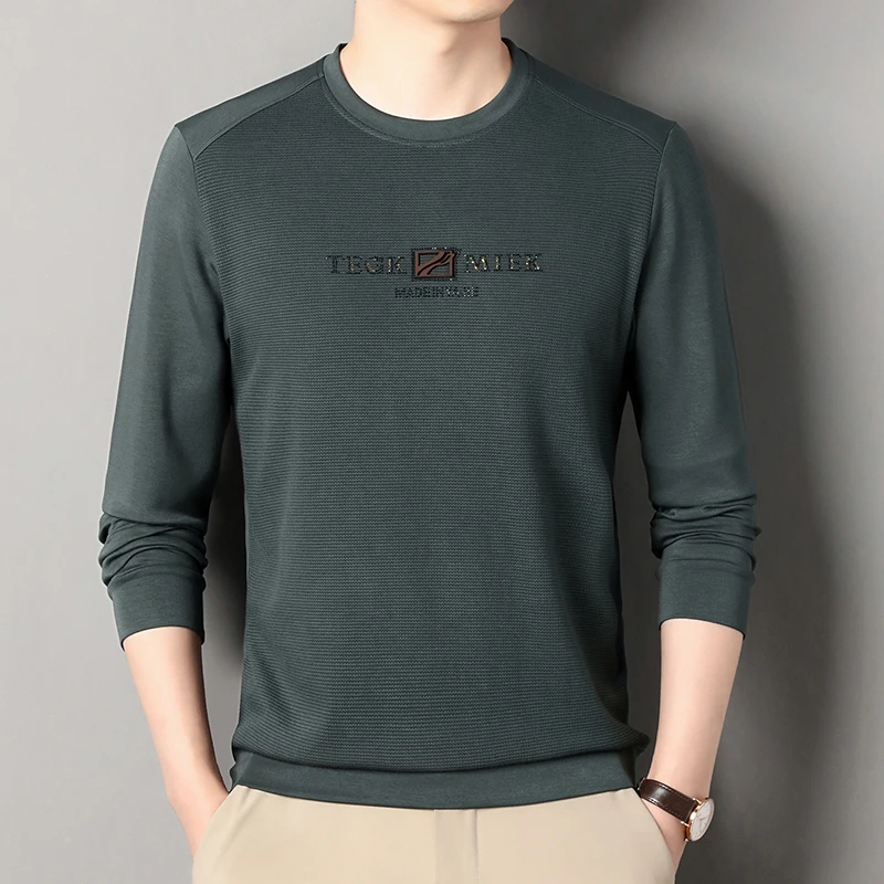 高档中年男士卫衣春秋长袖T恤圆领纯色休闲秋季男上衣时尚百搭