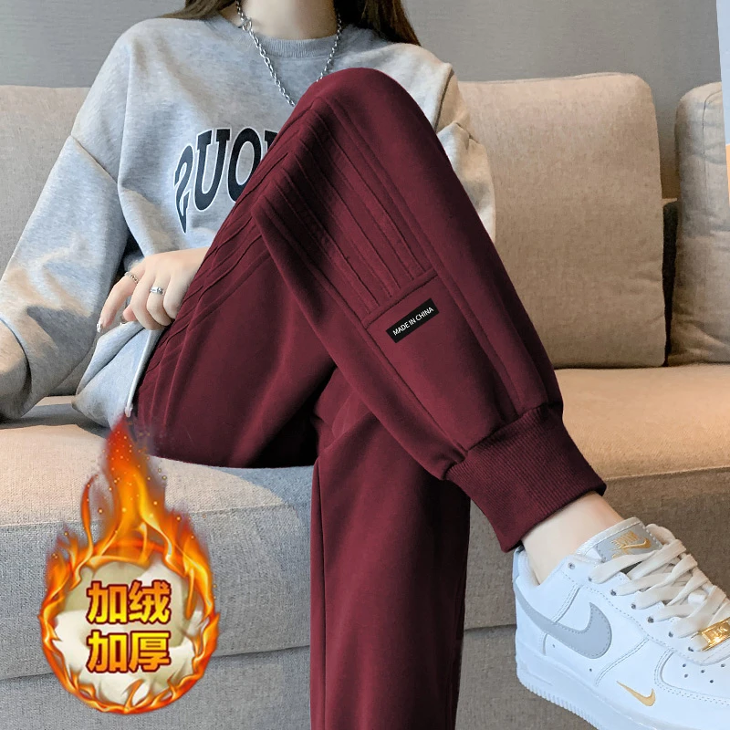 女款衣服大码秋冬显瘦宽松加绒加厚显瘦小个子休闲束脚加绒卫裤女