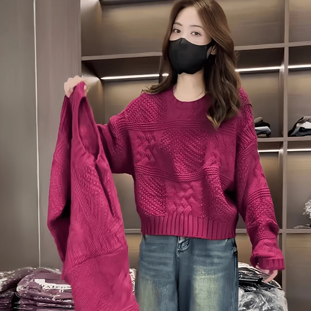 韩系玫红色长袖针织衫秋款女装2025爆款时尚洋气胖MM遮肚藏肉上衣