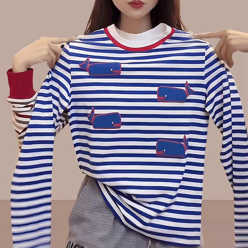 韩版小众印花条纹t恤女款长袖2025春季新款高档修身显瘦气质上衣