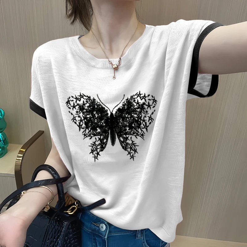竹节棉法式慵懒风蝴蝶印花白色正肩短袖t恤矮个子150夏天女款上衣