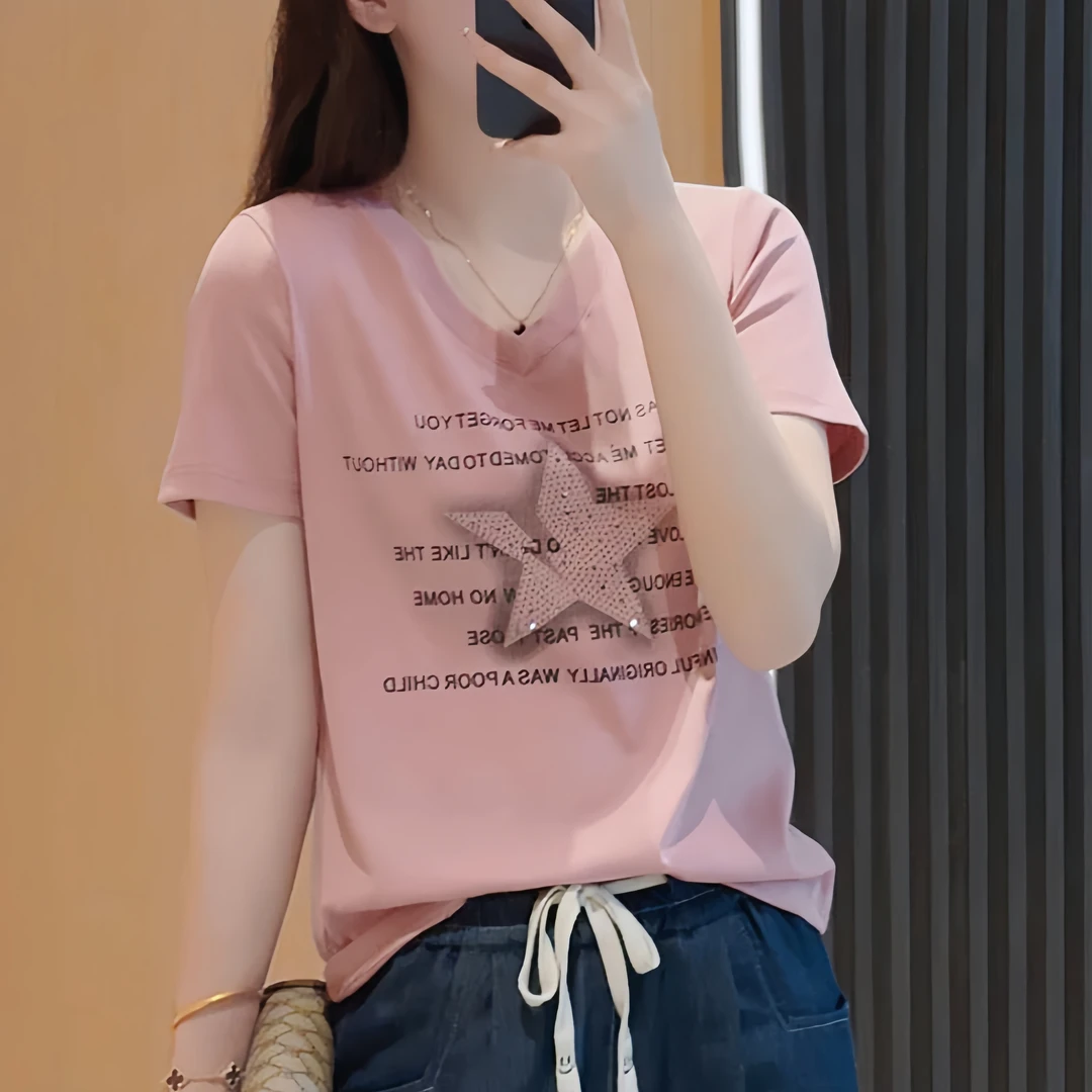 韩版五角星字母印花短袖t恤女2024新款爆款休闲宽松显瘦v领上衣服