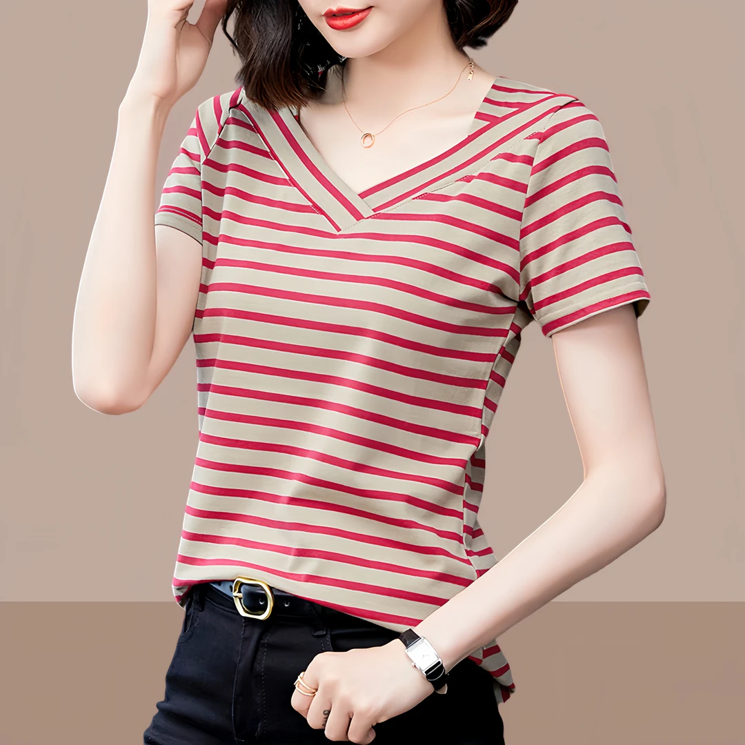 纯棉韩版v领条纹撞色短袖t恤女2024春季新款洋气休闲宽松显瘦上衣