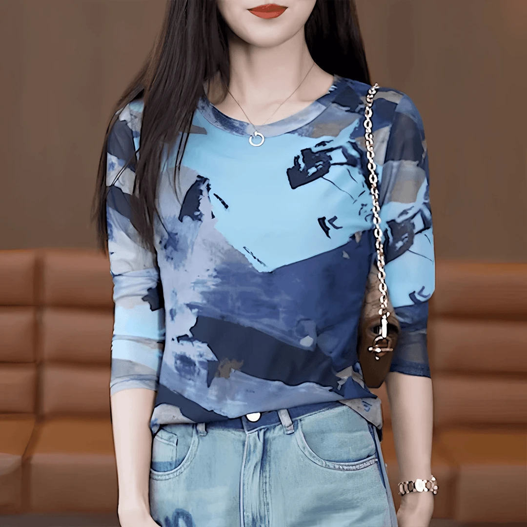 新中式国风山水印花长袖t恤女装2024秋季洋气减龄时尚流行上衣服